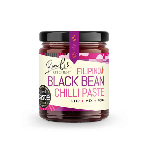 RoniBs Kitchen Filipino Black Bean Chilli Paste in a jar, showcasing its dark, rich texture and vibrant label design.