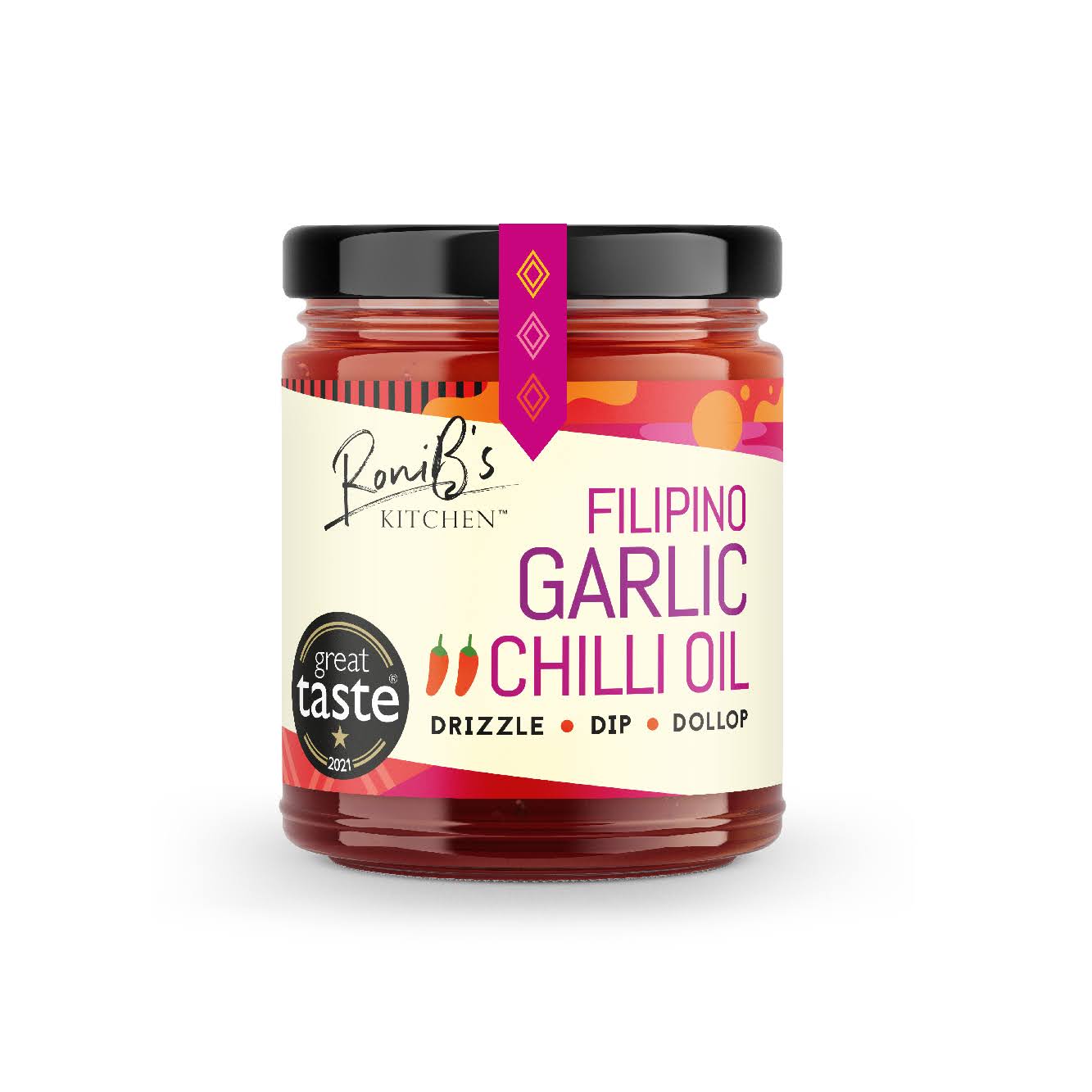Filipino style garlic chili oil hot sauce by RoniBs Kitchen, featuring vibrant red chili and garlic ingredients in a glass bottle.