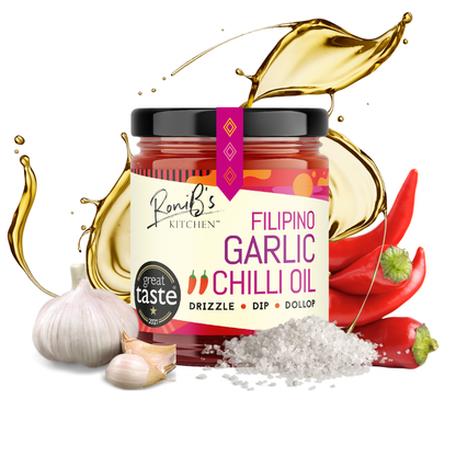 Filipino-style garlic chili oil hot sauce by RoniBs Kitchen with garlic, chili peppers, and oil ingredients in a jar.