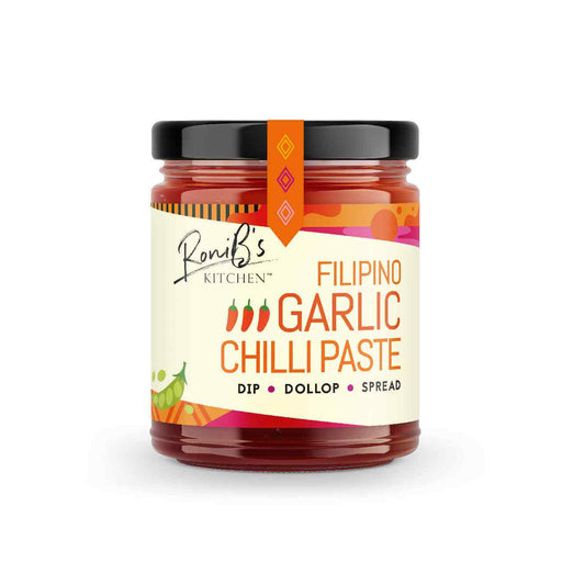 RoniBs Kitchen Filipino garlic chilli paste hot sauce with Scotch bonnets, medium heat, vegan, in a jar with visible garlic and chilli peppers