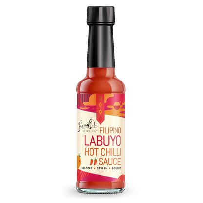 Filipino Style Labuyo hot chili sauce by RoniBs Kitchen in a glass bottle, vibrant red color, spicy hot sauce for dishes