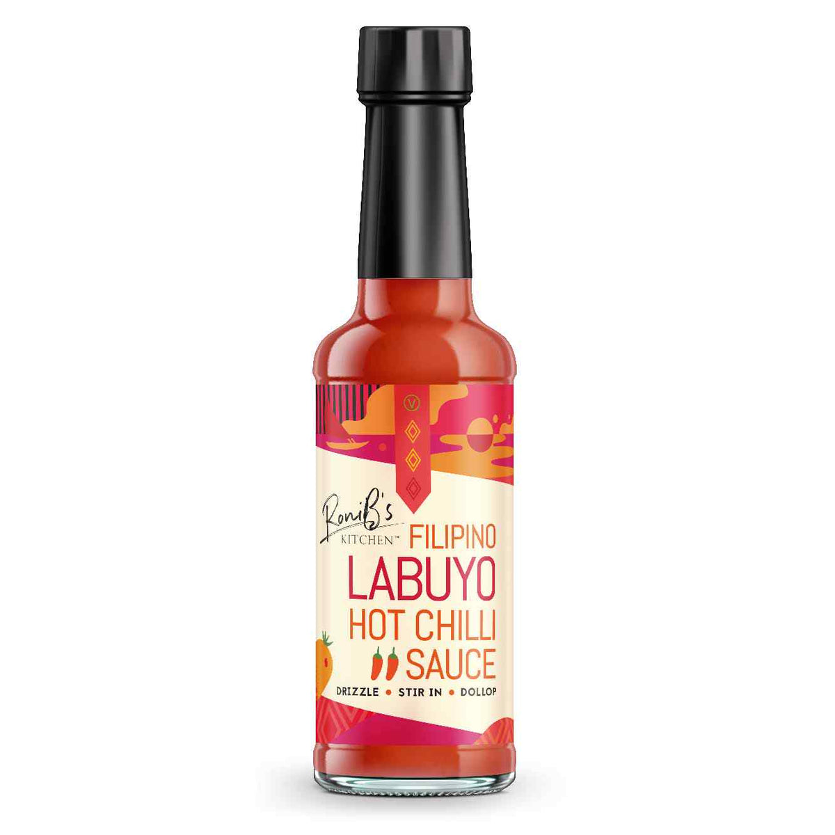 Filipino Style Labuyo Hot Chilli Sauce by RoniBs Kitchen in a glass bottle with vibrant red chili peppers and label.