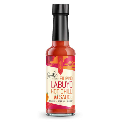 Filipino Style Labuyo Hot Chilli Sauce by RoniBs Kitchen in a glass bottle with vibrant red chili peppers and label.