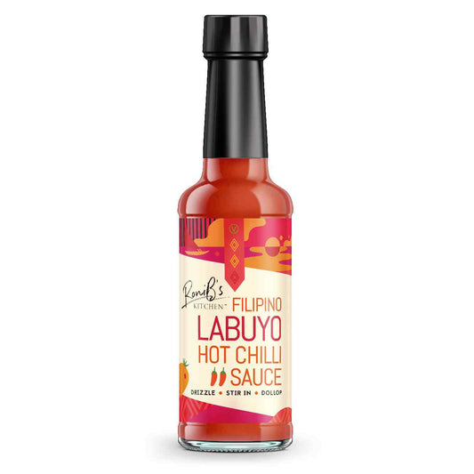 Filipino Style Labuyo Hot Chilli Sauce by RoniBs Kitchen in a glass bottle with vibrant red chili peppers and label.