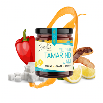 RoniBs Kitchen Filipino tamarind jam with tarsier gin ingredients, showcasing the jam's vibrant texture and containments.