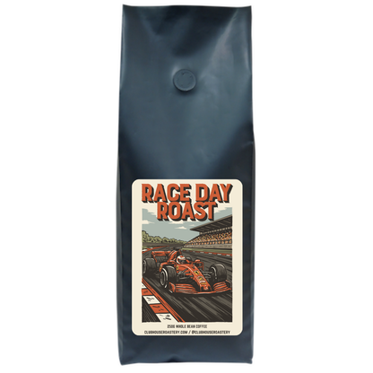 Freshly brewed Race Day Roast coffee beans from Clubhouse Roastery in a 500g bag, ready for brewing.