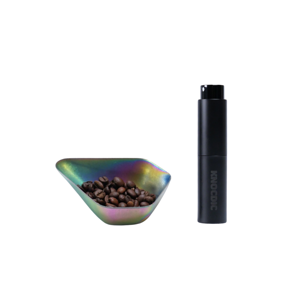 KNOCDIC® bean dosing bowl and RDT spray bottle set for precise coffee brewing, shown in the image.