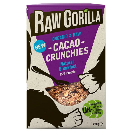 Raw Gorilla Cacao Crunchies breakfast cereal in 250g package, featuring crunchy cacao-flavored grains from Whole Food Earth.
