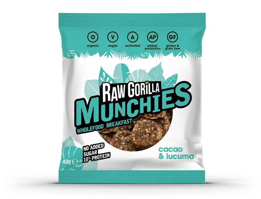 Raw Gorilla Cacao & Lucuma Munchies cereal and granola 40g package, whole food snack with cacao and lucuma flavor.