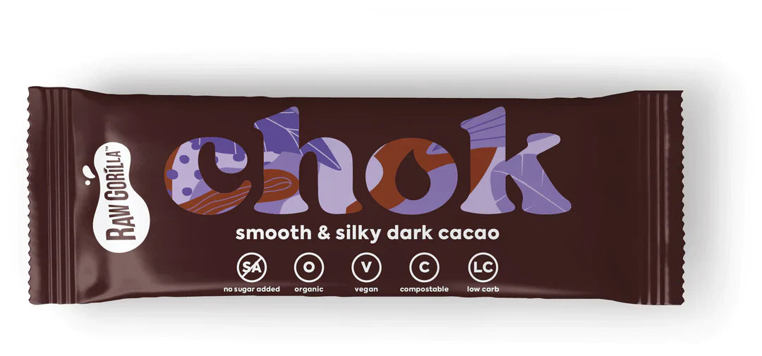 Dark cacao chocolate bar from Chok Smooth & Silky, 35g, by Raw Gorilla, featuring smooth, rich chocolate with a dark cocoa appearance.