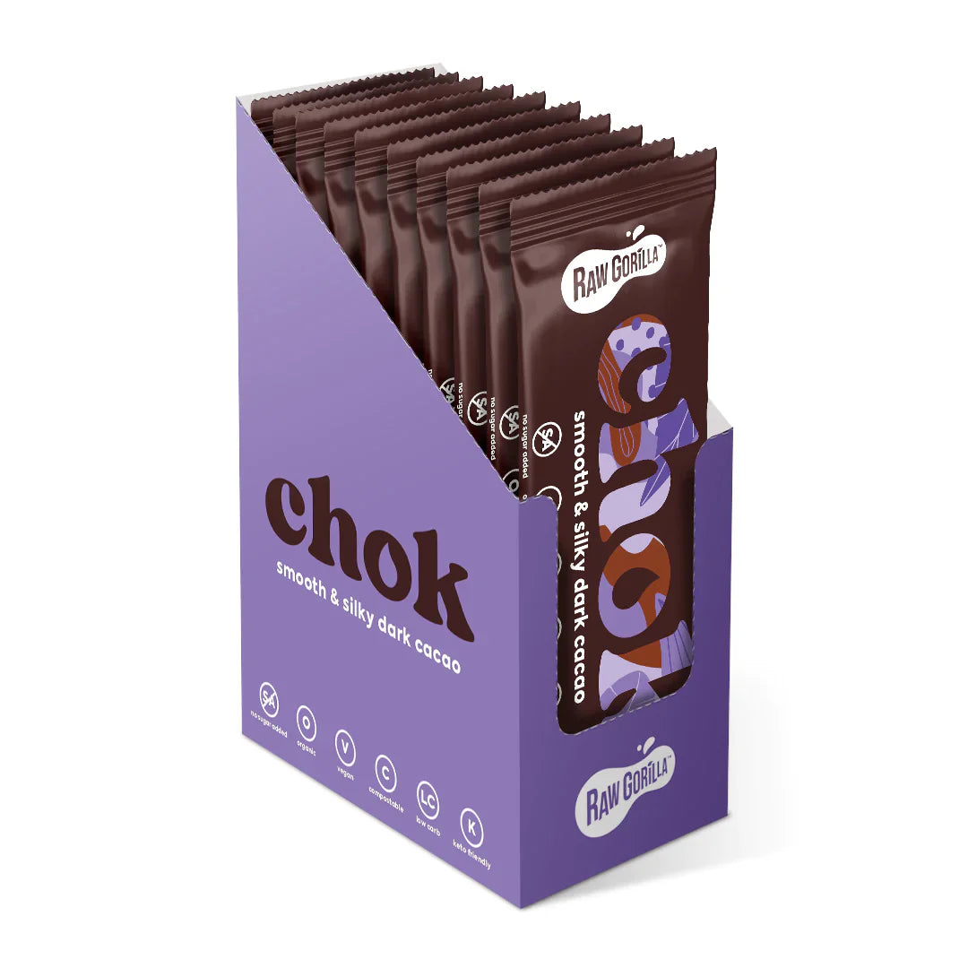 Open angle of Raw Gorilla Chok Smooth & Silky Dark Cacao Bar in 35g package, showcasing glossy dark chocolate texture.