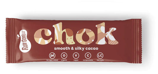 Smooth and silky cacao candy bar by Whole Food Earth, 35g Chok Smooth & Silky Cacao Bar from Raw Gorilla in a sleek chocolate wrapper