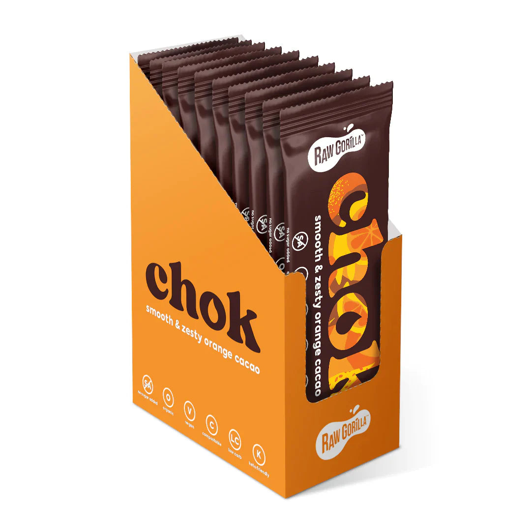 Open angled view of Raw Gorilla Chok Smooth & Zesty Cacao Bar, a 35g candy and chocolate bar from Whole Food Earth.
