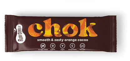 Raw Gorilla Chok Smooth & Zesty Cacao Bar 35g, Whole Food Earth, featuring vibrant orange packaging and a chocolate candy bar.