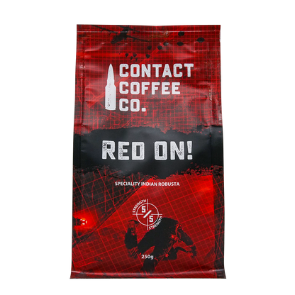 Red On! high-caffeine coffee from Contact Coffee Company Ltd., showcasing a brewed coffee cup with rich, dark liquid and a coffee bean.