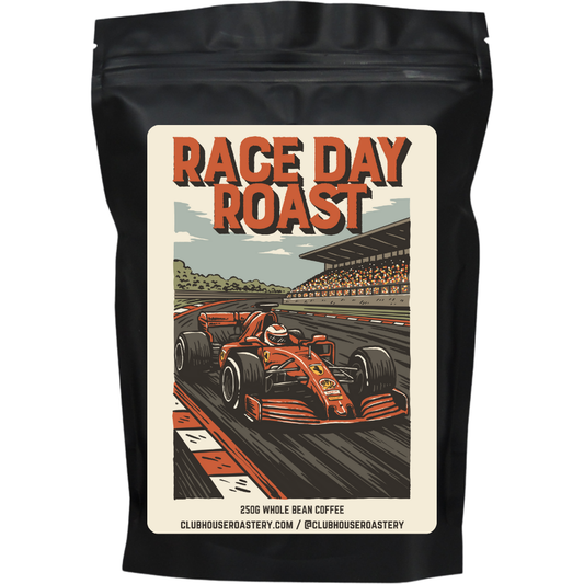 Bag of Race Day Roast coffee from Clubhouse Roastery with a label, showcasing a rich, bold coffee blend for race day energizing.