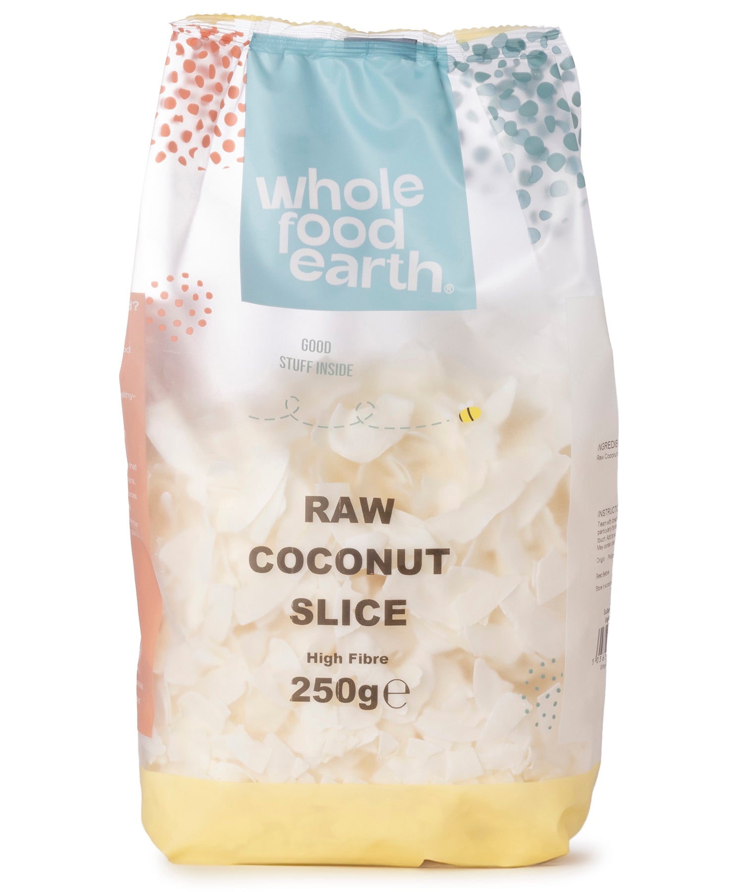 Dried raw coconut slices from Whole Food Earth, showing golden, textured coconut pieces in a 250g package.