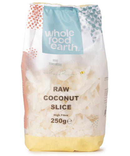 Dried raw coconut slices from Whole Food Earth, showing golden, textured coconut pieces in a 250g package.