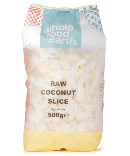 Dried raw coconut slices from Whole Food Earth, showing golden-brown, textured coconut pieces in a 500g package.