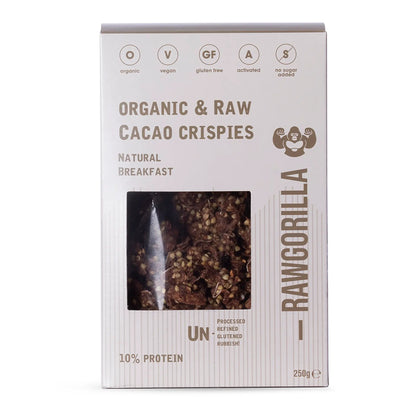 RawGorilla Cacao Crispies breakfast cereal in a 250g package, whole food earth brand, with chocolate-flavored crispy grains.