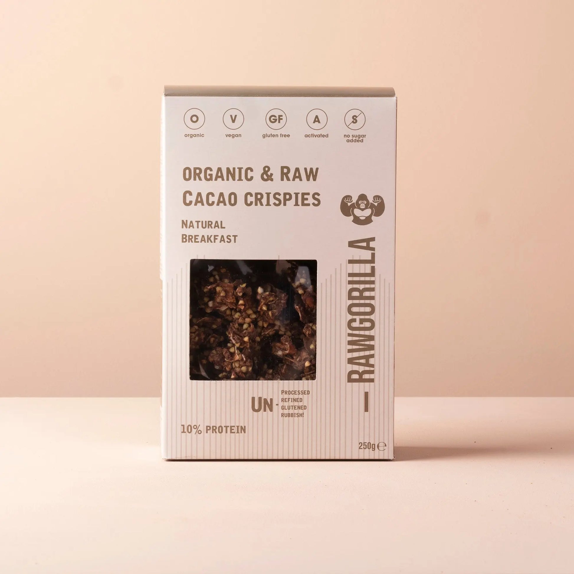 RawGorilla Cacao Crispies breakfast cereal in a 250g pack, featuring crunchy cacao-flavored rice flakes from Whole Food Earth.