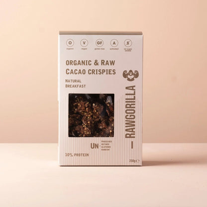 RawGorilla Cacao Crispies breakfast cereal in a 250g pack, featuring crunchy cacao-flavored rice flakes from Whole Food Earth.