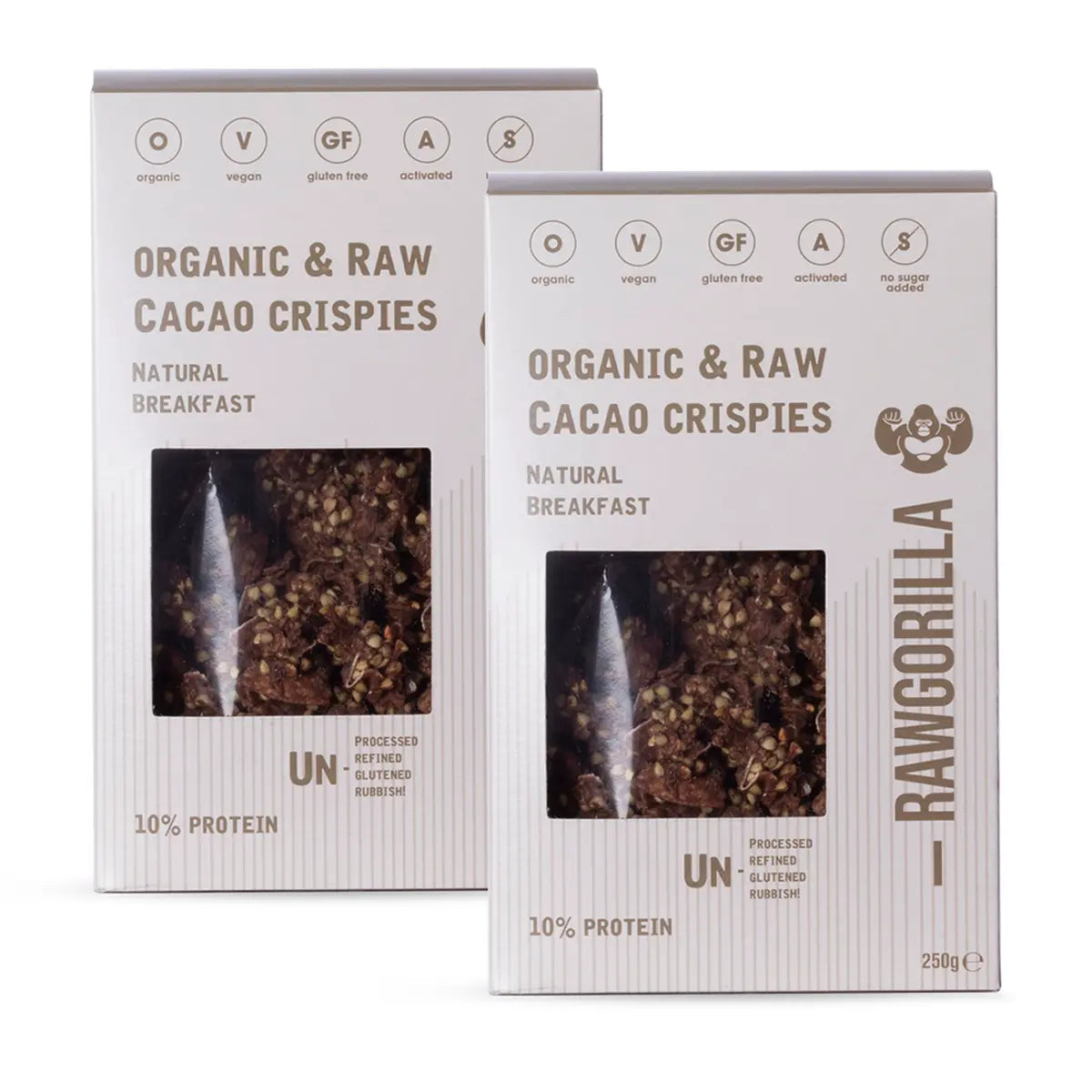 Two packs of RAWGORILLA Cacao Crispies breakfast cereal in 250g packaging, featuring crunchy chocolate-flavored cereal pieces.