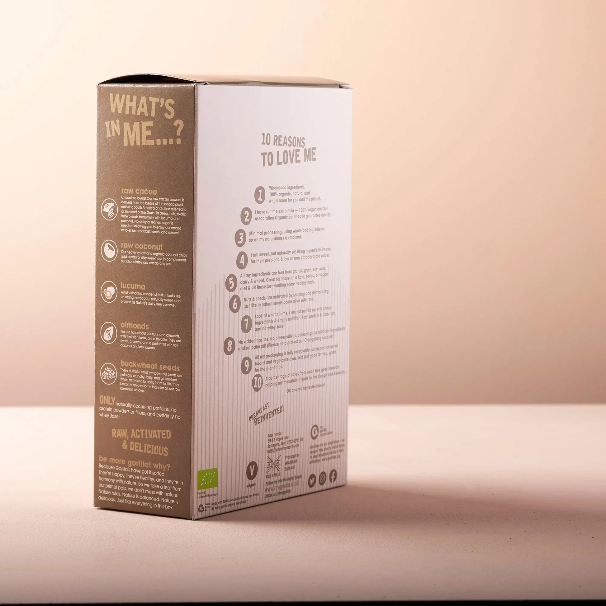 RawGorilla Cacao Crispies breakfast cereal in 250g pack with chocolatey rice and cacao, natural and wholesome Whole Food Earth brand.