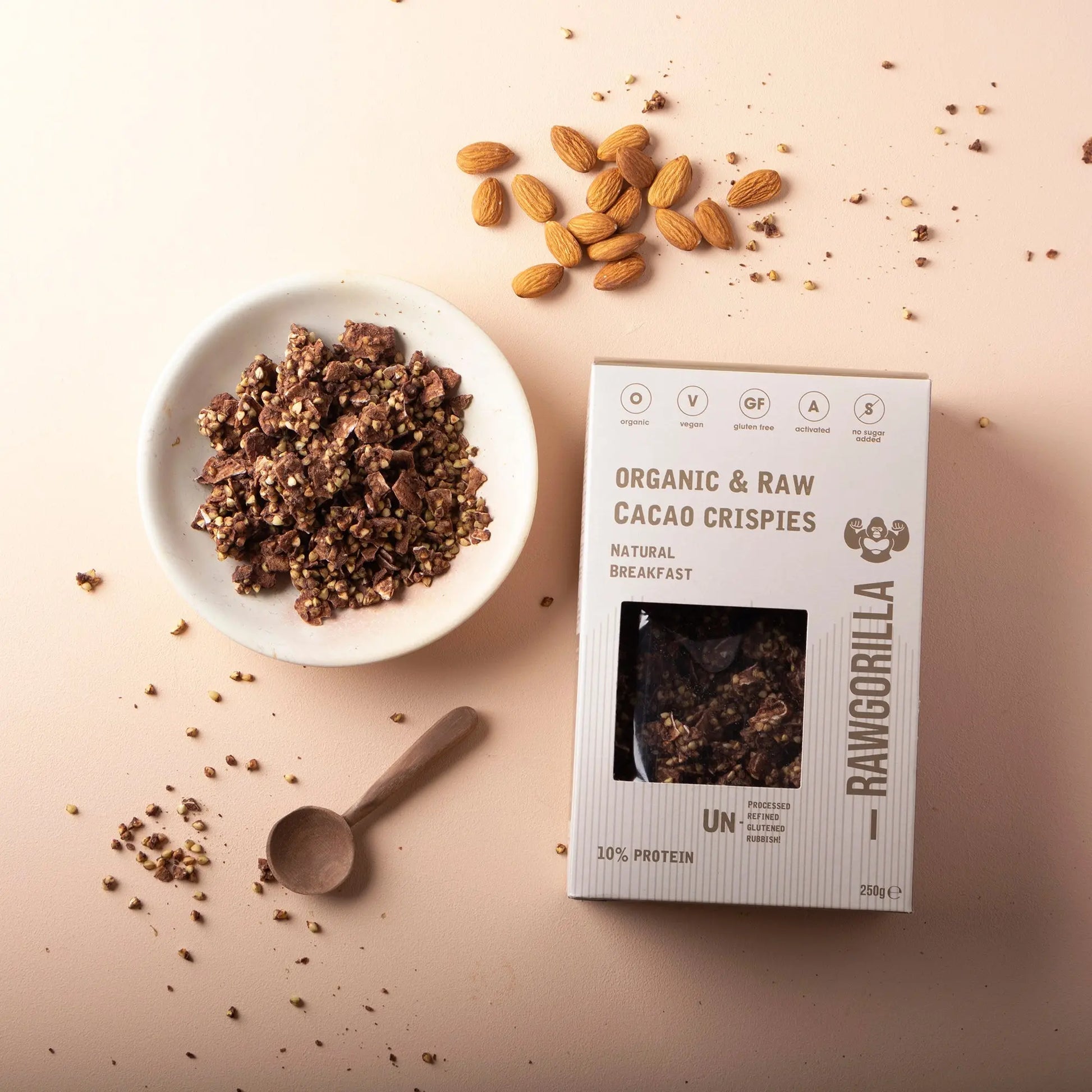 RawGorilla Cacao Crispies breakfast cereal in 250g pack, featuring crunchy cacao-flavored grains from Whole Food Earth.