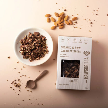 RawGorilla Cacao Crispies breakfast cereal in 250g pack, featuring crunchy cacao-flavored grains from Whole Food Earth.