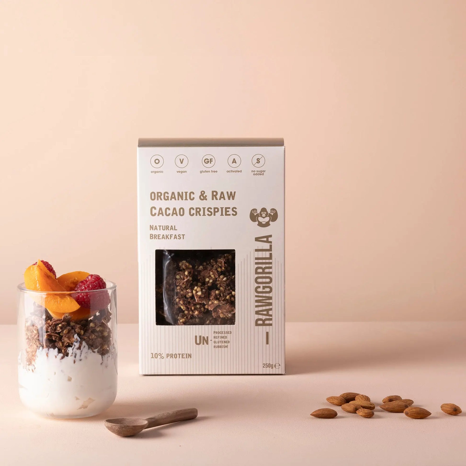 RawGorilla Cacao Crispies breakfast cereal in a 250g package, featuring crunchy cacao-flavored whole food grains.