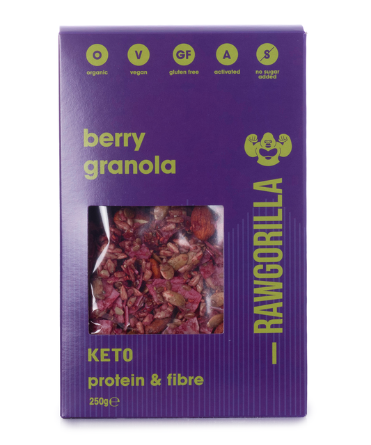 Organic berry granola cereal by Raw Gorilla, keto-friendly with mixed berries and crunchy oats in a 250g package.