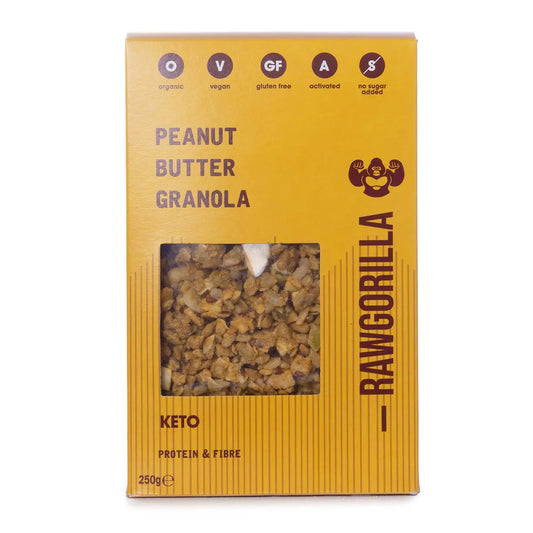 Raw Gorilla Keto Peanut Butter Granola in a 250g package with visible clusters and peanut pieces on a white background.