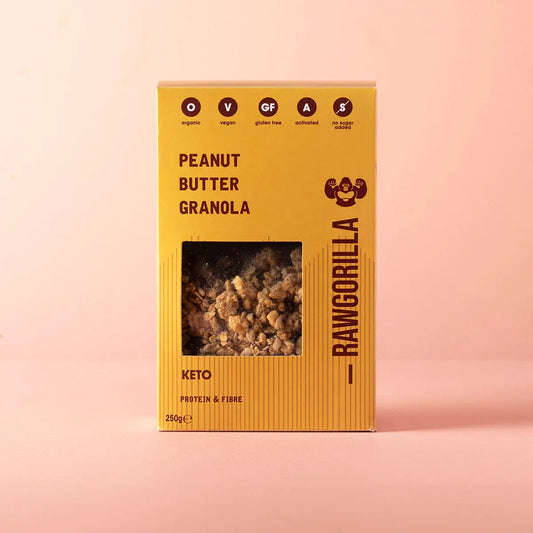 Keto Peanut Butter Granola by Raw Gorilla in a 250g package, featuring crunchy granola with peanut butter flavor.