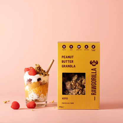 Keto peanut butter granola from Raw Gorilla in a 250g package, featuring crunchy cereal with peanut flavor and whole food ingredients.