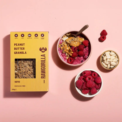 Keto peanut butter granola in a 250g package by Raw Gorilla, featuring crunchy cereal with peanut butter flavor