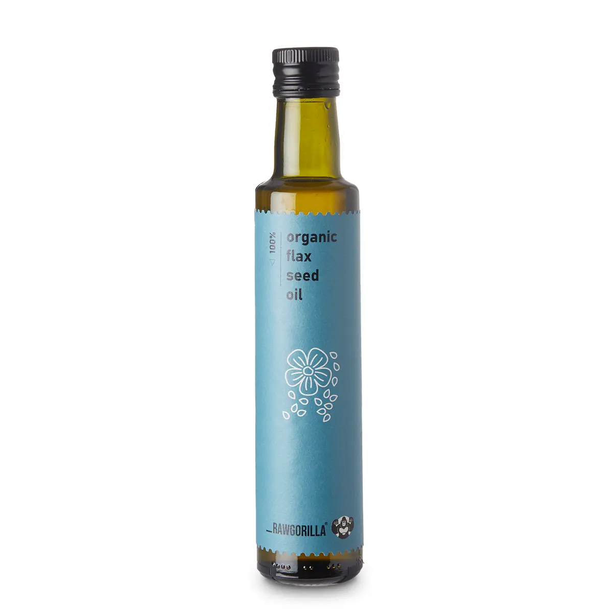 Cold pressed organic flaxseed oil in a glass bottle, featuring Whole Food Earth branding and a clear label, on a neutral background.