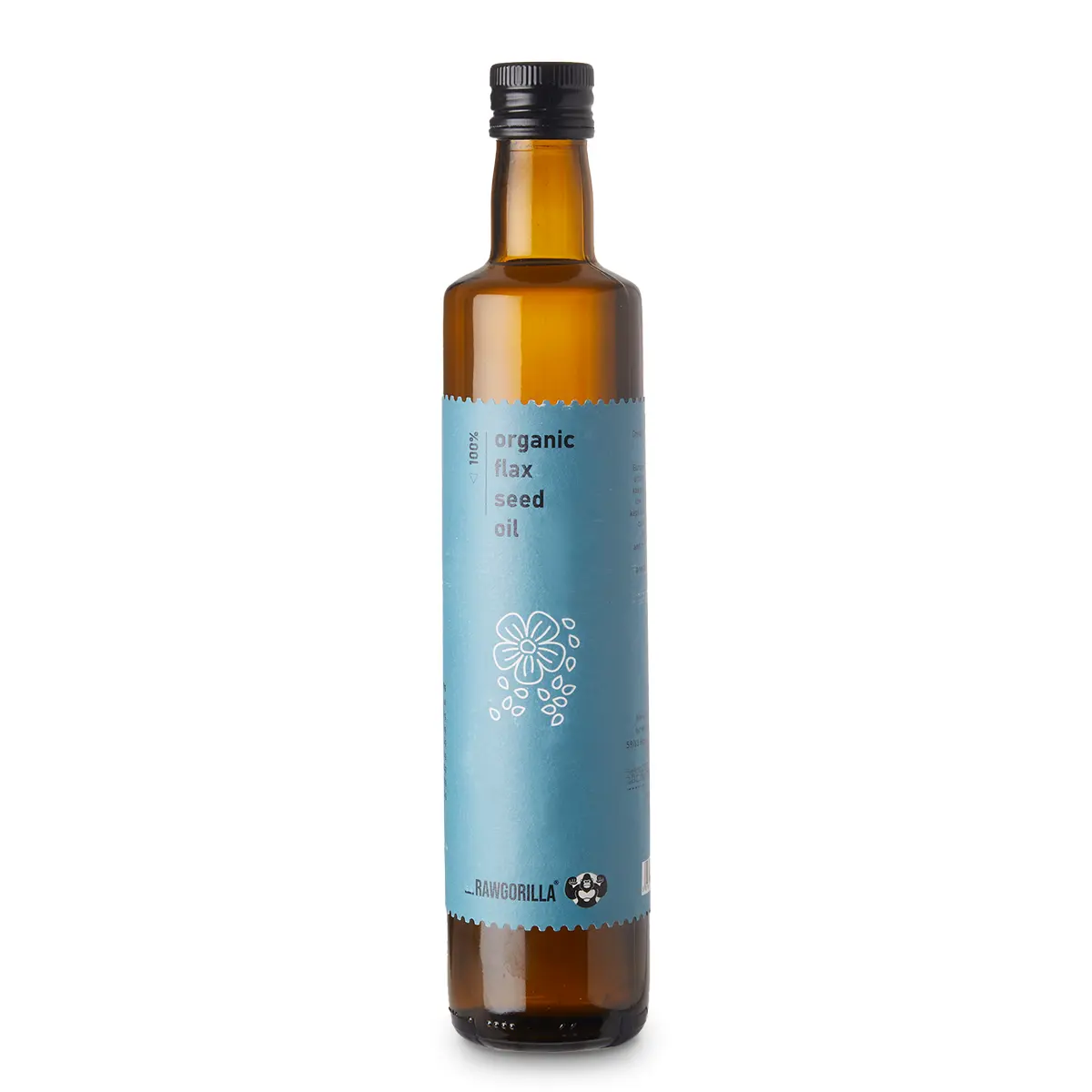 Bottle of RawGorilla Cold Pressed Organic Flaxseed Oil in a 500ml bottle, featuring a clear label and golden liquid inside.