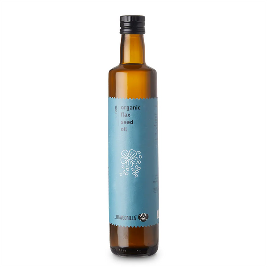 Bottle of RawGorilla cold pressed organic flaxseed oil, 500ml, with a clear label and golden oil inside.