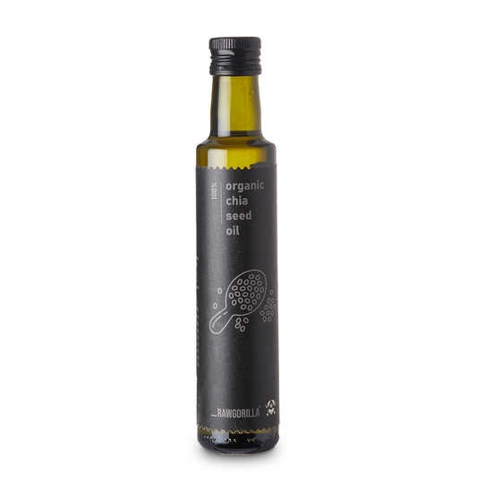 Organic chia seed oil by RawGorilla, cold-pressed in a 250ml bottle, with a clear view of the golden, liquid chia seed oil inside.