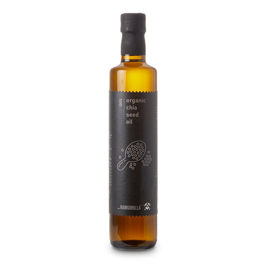 Organic chia seed oil in a 500ml bottle by RawGorilla, cold-pressed and raw, shown in a clear glass container with a white background.