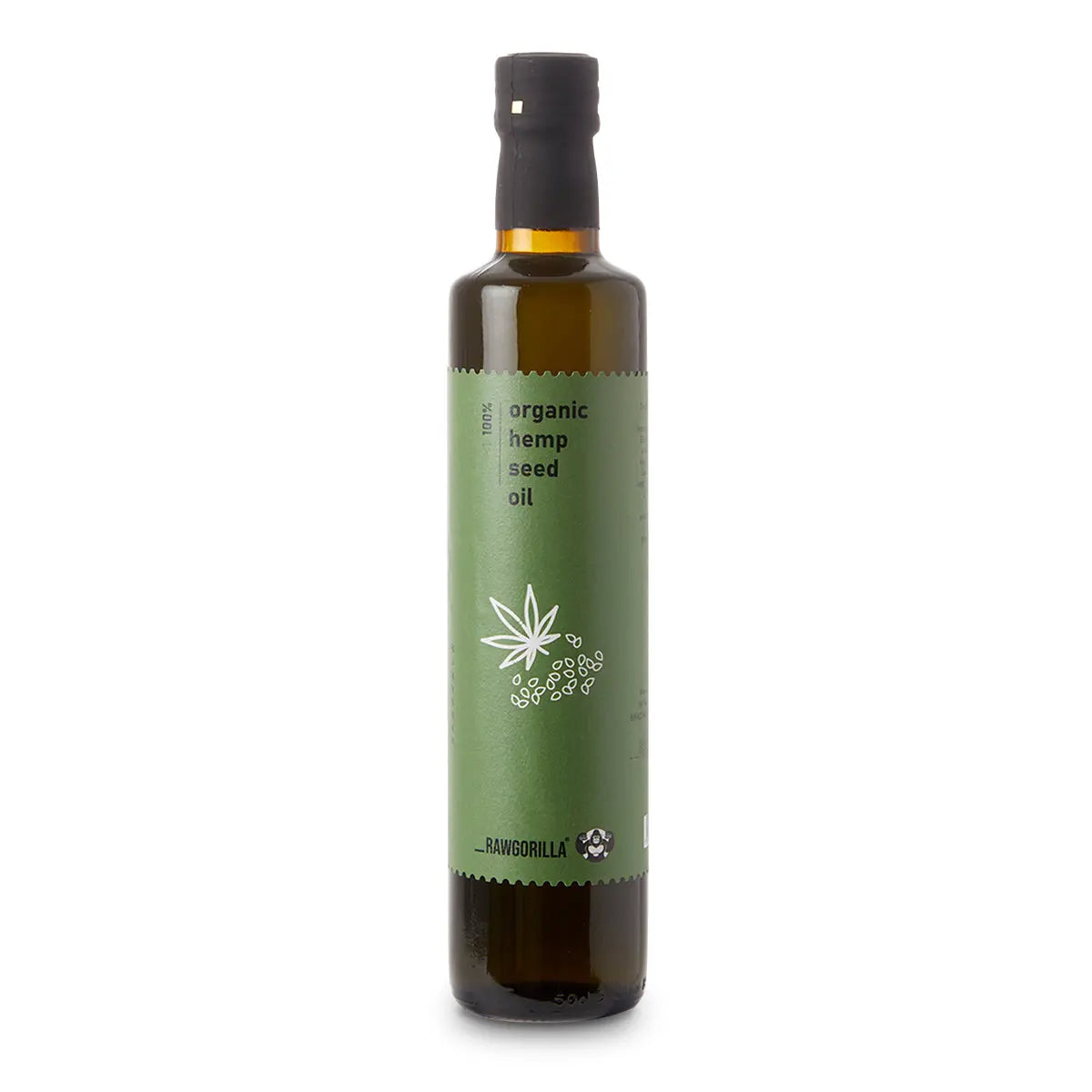 Organic cold-pressed hemp seed oil in a 500ml bottle from RawGorilla, ideal for cooking and health-conscious recipes.