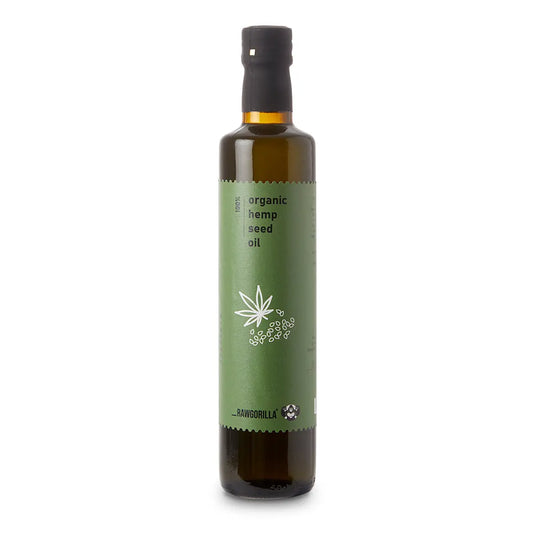 Organic cold-pressed hemp seed oil in a 500ml bottle from RawGorilla, ideal for cooking and health-conscious recipes.