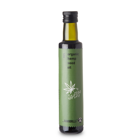 Organic hemp seed oil by RawGorilla in a 250ml bottle, cold-pressed and unrefined, ideal for cooking and skincare.