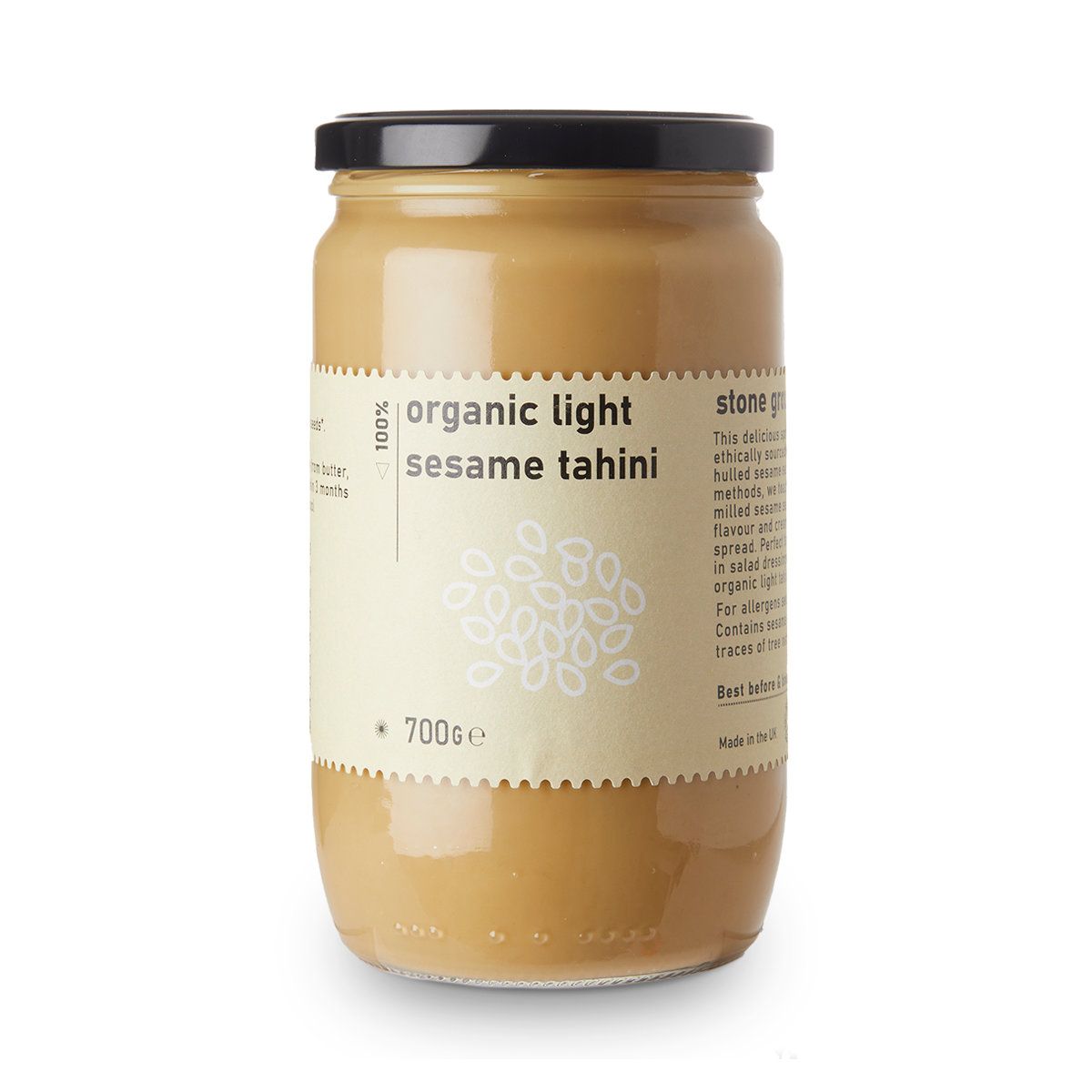 Organic Light Sesame Tahini from RawGorilla, a smooth, creamy spread in a jar, ideal for dips and healthy recipes.