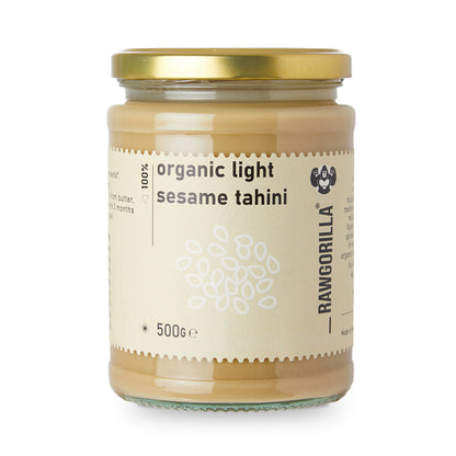 Organic Light Sesame Tahini by Whole Food Earth in a jar, showing the smooth, creamy sesame spread used for dips and spreads.