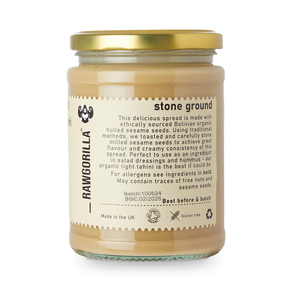 Creamy organic light sesame tahini spread from RawGorilla, perfect for dips and spreads, by Whole Food Earth.
