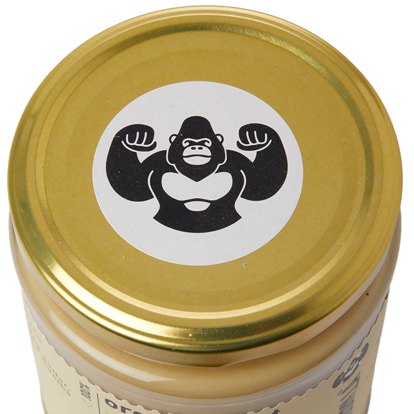 Creamy organic light sesame tahini spread in a jar, made by RawGorilla, ideal for dips and spreads.