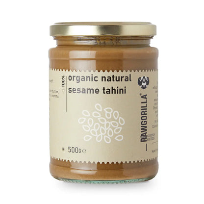 Organic natural sesame tahini from RawGorilla, a creamy dip and spread made with pure, raw sesame seeds.