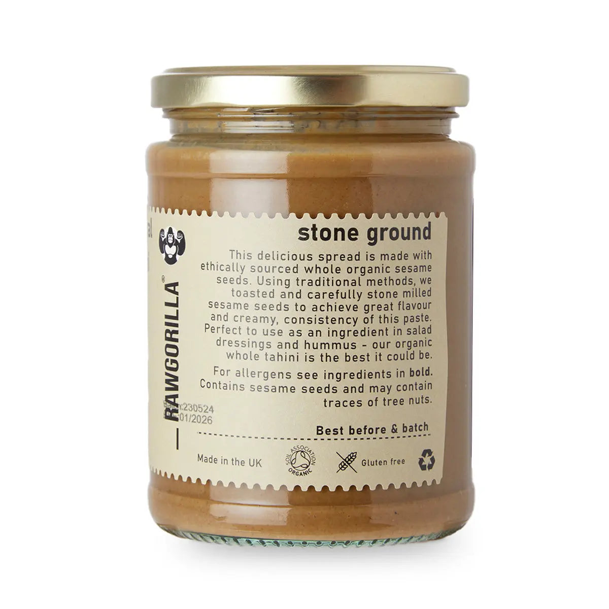Organic natural sesame tahini from RawGorilla, a creamy spread in the Dips & Spreads category, by Whole Food Earth.